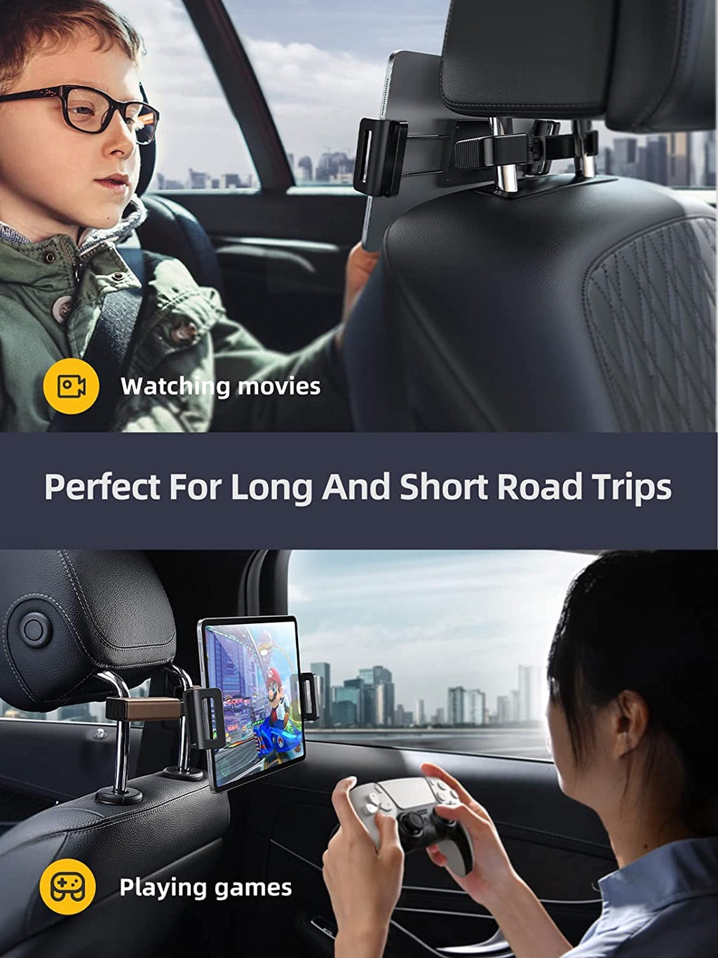 Car Headrest Tablet Mount Holder,[Double Extendable Stick] 360? Rotation iPad Car Holder Back Seat for Tablets, Cell Phone and More 4.7-12.9" Devices, Headrest Posts Width 1.6-6.9"