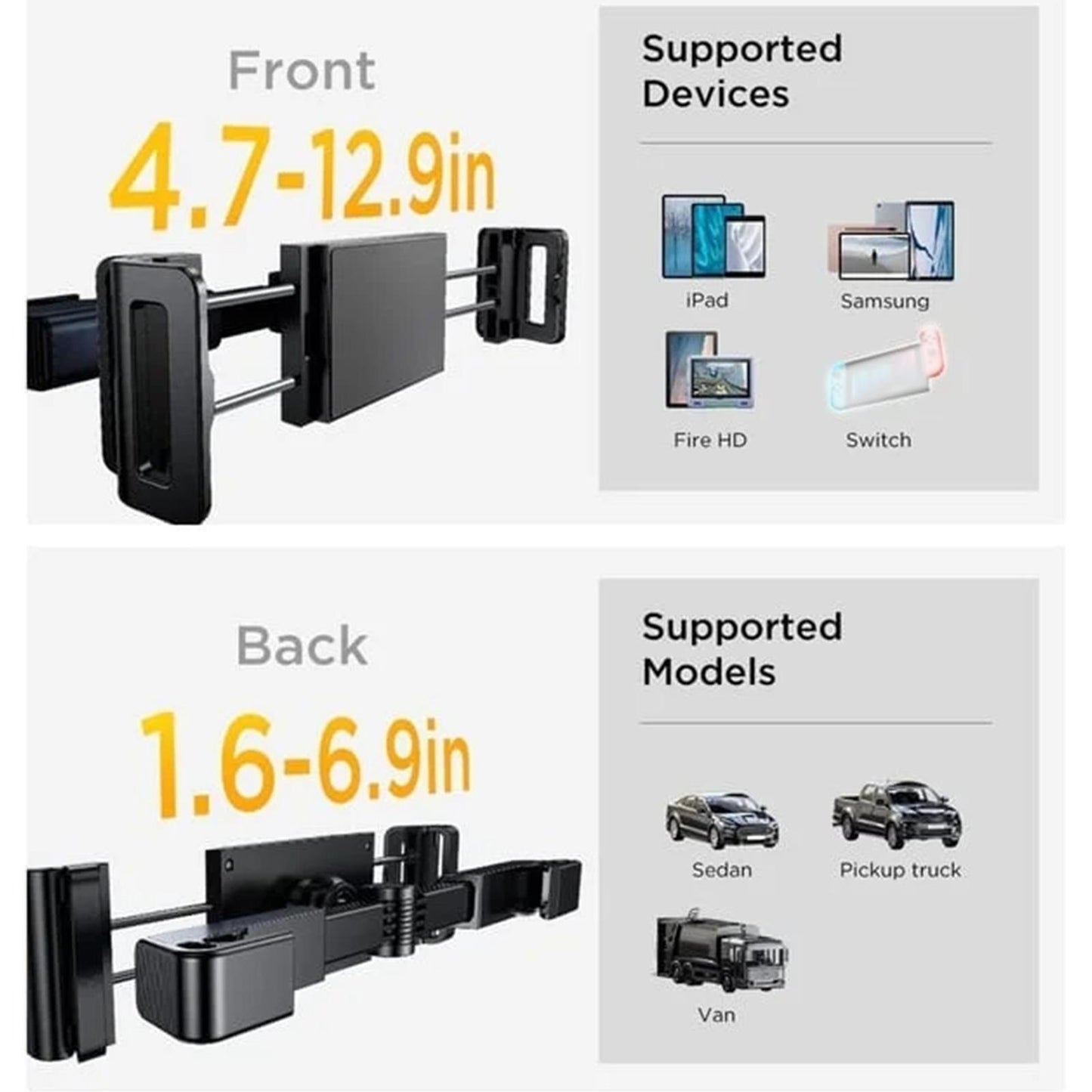 Car Headrest Tablet Mount Holder,[Double Extendable Stick] 360? Rotation iPad Car Holder Back Seat for Tablets, Cell Phone and More 4.7-12.9" Devices, Headrest Posts Width 1.6-6.9"