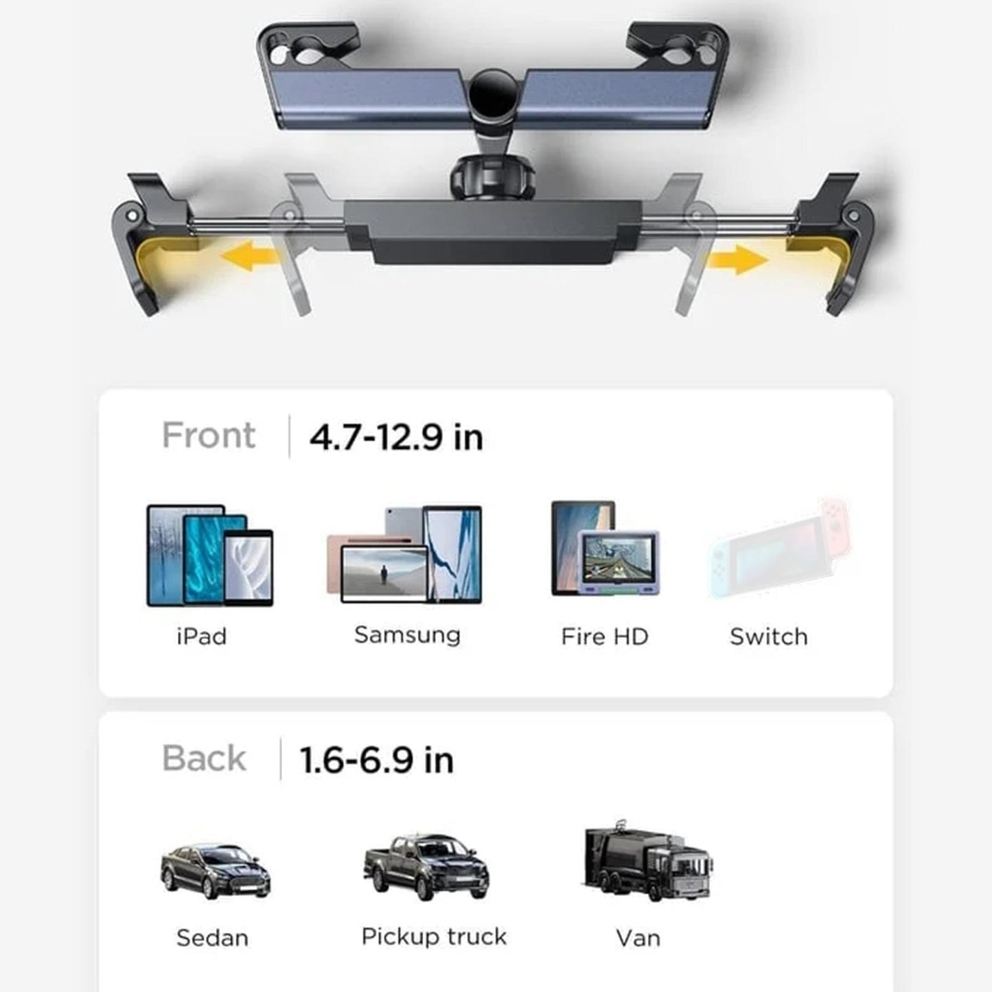 Car Headrest Tablet Mount Holder,[Double Extendable Stick] 360? Rotation iPad Car Holder Back Seat for Tablets, Cell Phone and More 4.7-12.9" Devices, Headrest Posts Width 1.6-6.9"