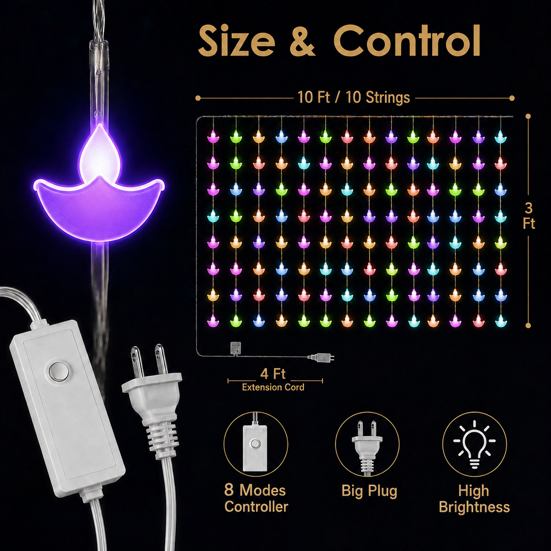 Multicolor Diya Curtain LED String Lights-10 String Decorative Curtain Light with 8 Lighting Modes