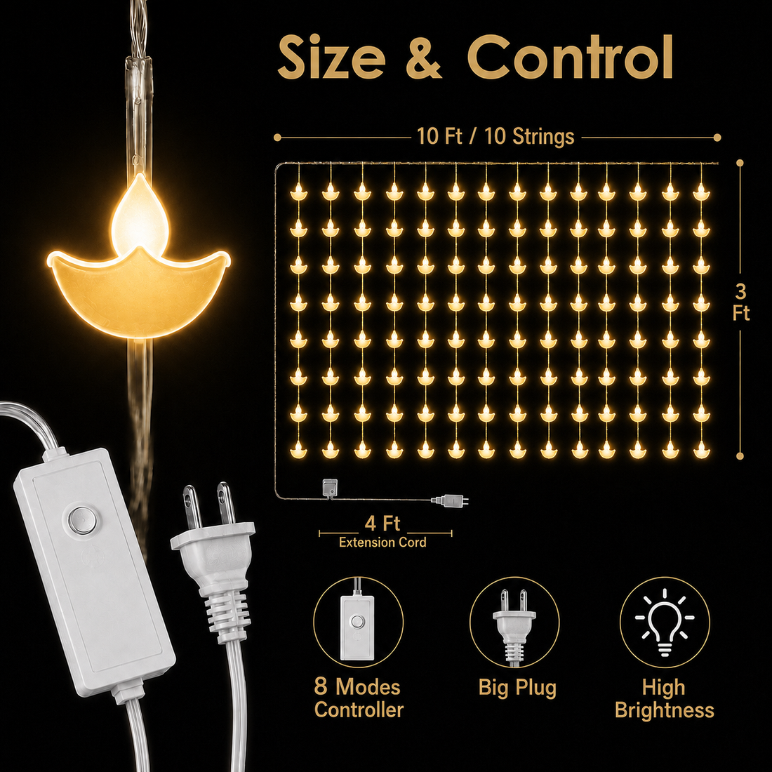 10-String Decorative Curtain Light with 8 Lighting Modes for Diwali, Windows, Mandir & Festive Décor