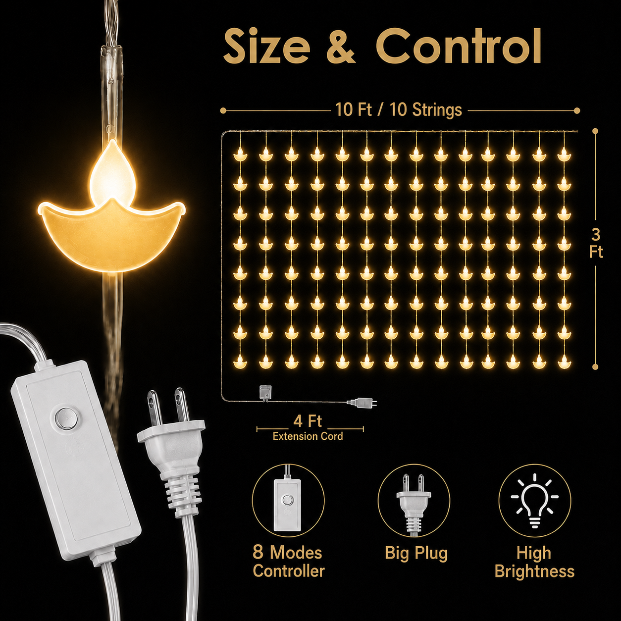 10-String Decorative Curtain Light with 8 Lighting Modes for Diwali, Windows, Mandir & Festive Décor