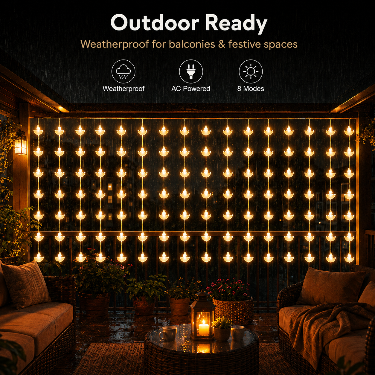 10-String Decorative Curtain Light with 8 Lighting Modes for Diwali, Windows, Mandir & Festive Décor
