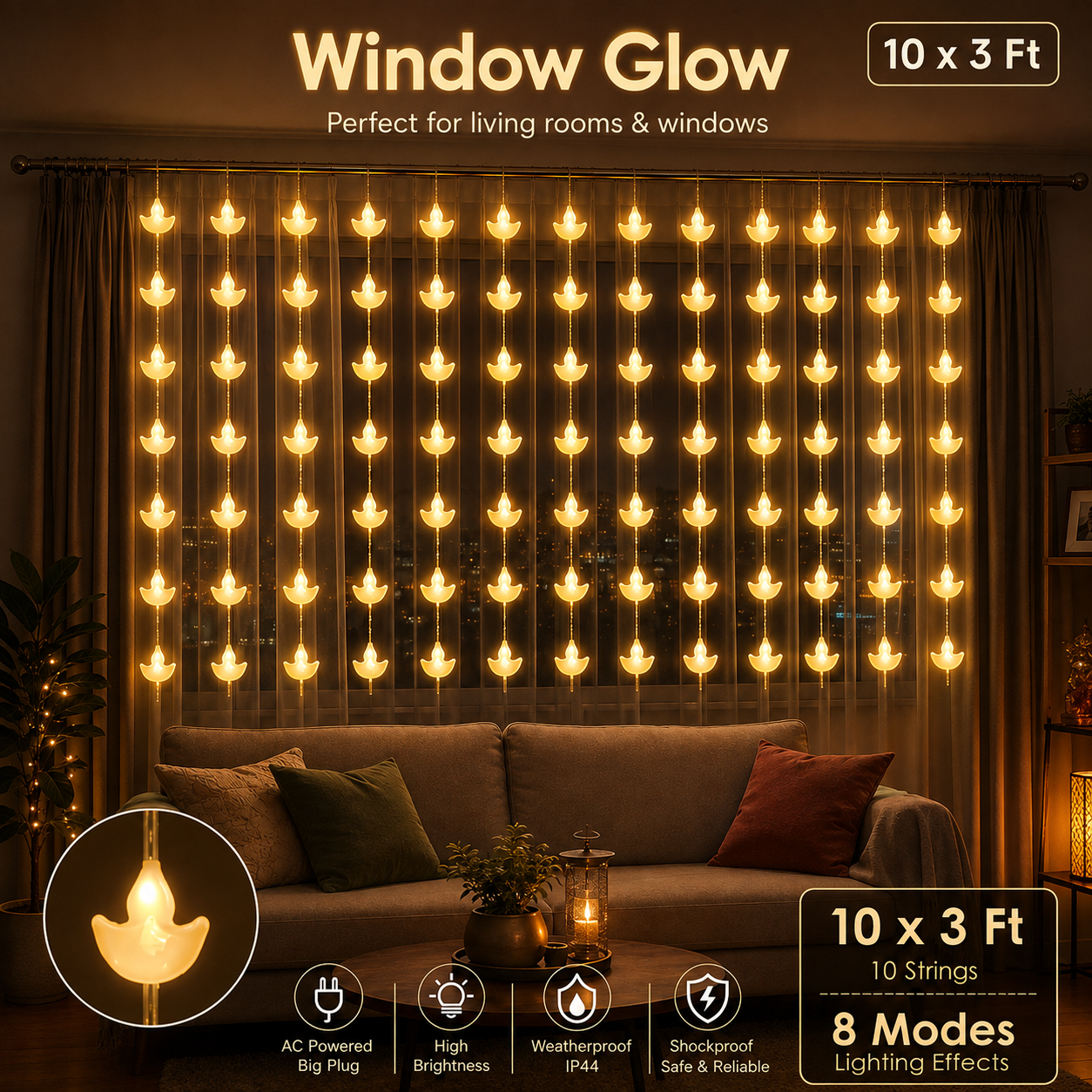 10-String Decorative Curtain Light with 8 Lighting Modes for Diwali, Windows, Mandir & Festive Décor