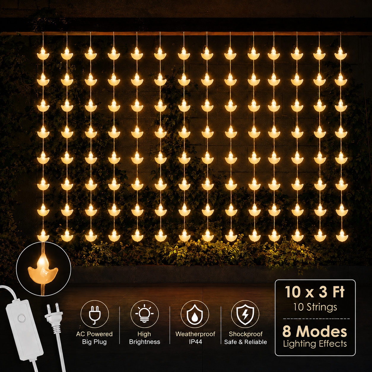 10-String Decorative Curtain Light with 8 Lighting Modes for Diwali, Windows, Mandir & Festive Décor