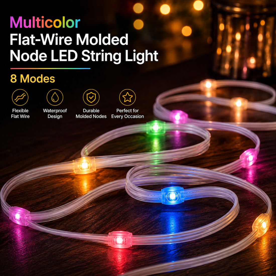 Multicolor Flat-Wire Molded Node LED String Light-8-Mode Flexible Waterproof Decorative Light for Home, Festivals, Parties & Events