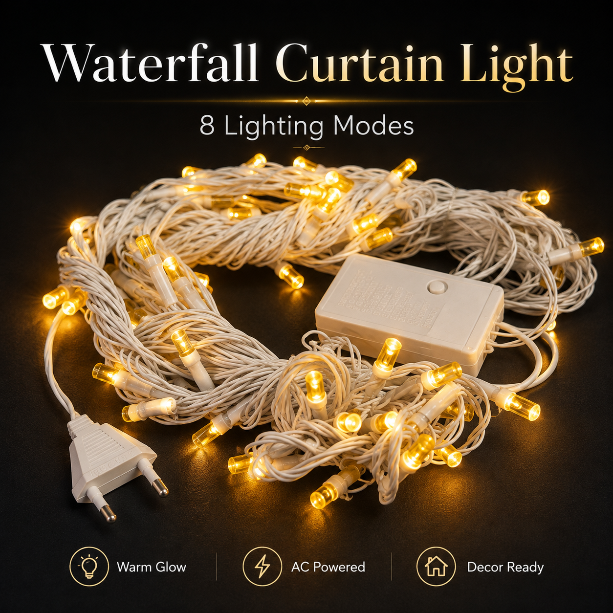 Warm Golden Waterfall Curtain LED String Lights  8-Mode AC Powered Decorative Curtain Lights