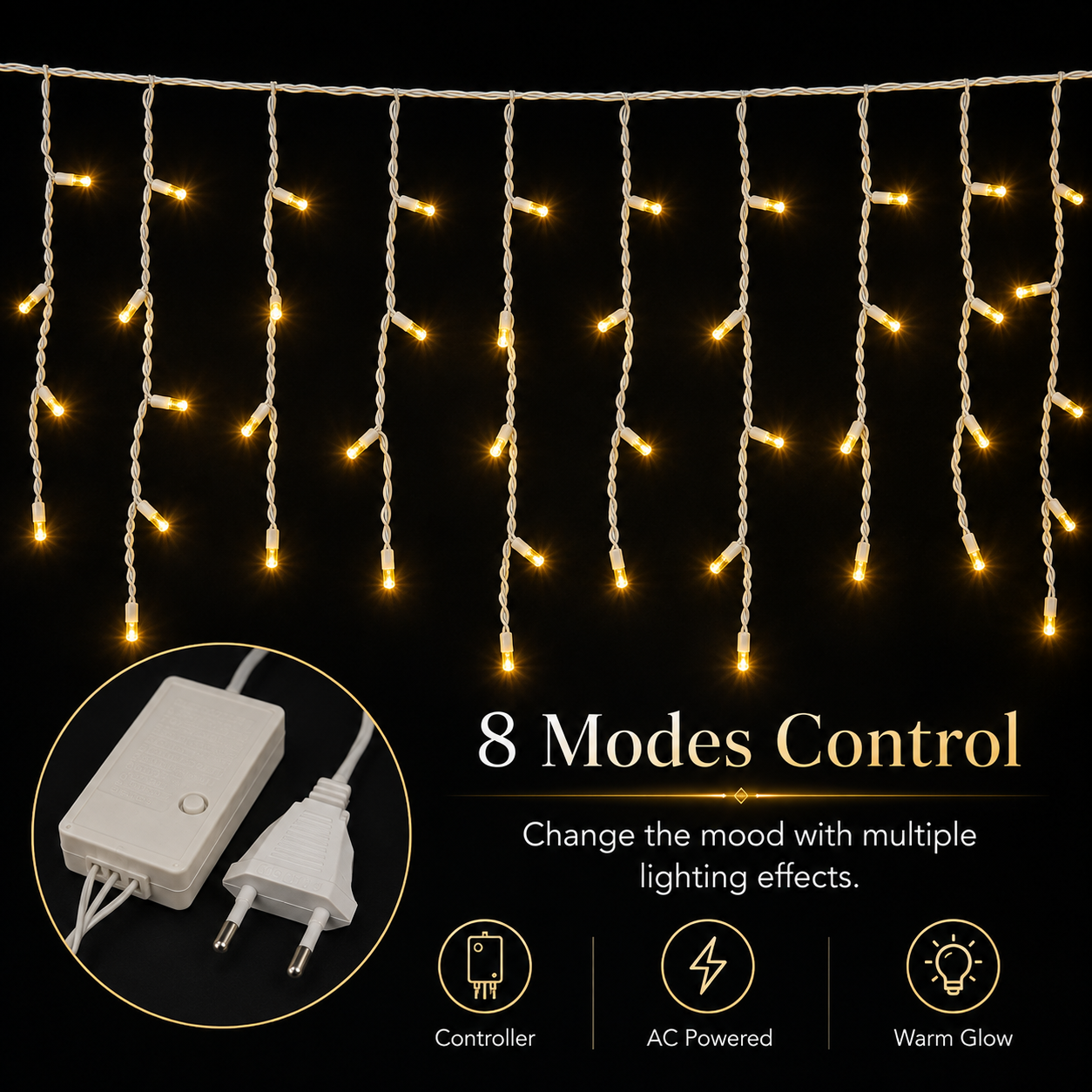 Warm Golden Waterfall Curtain LED String Lights  8-Mode AC Powered Decorative Curtain Lights