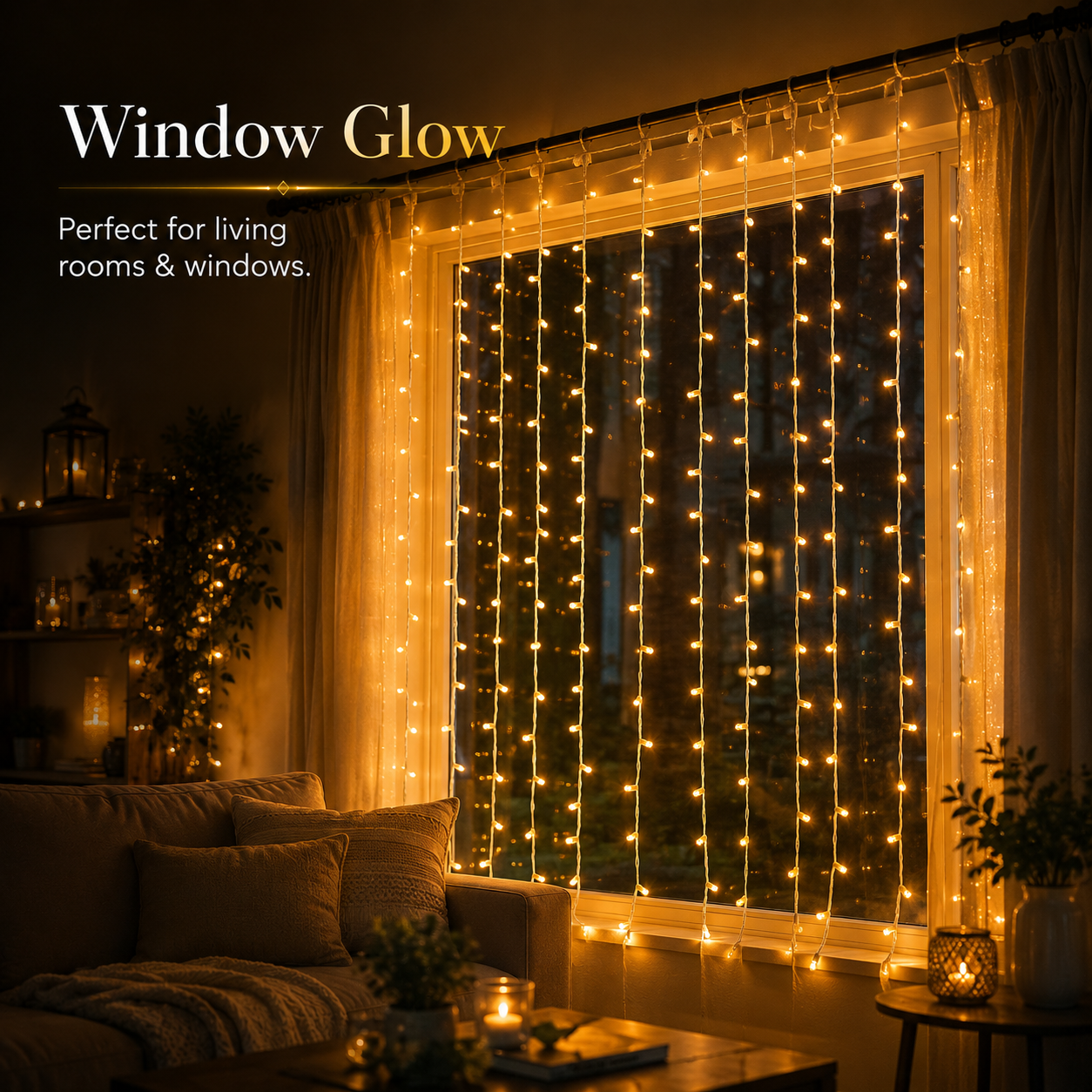 Warm Golden Waterfall Curtain LED String Lights  8-Mode AC Powered Decorative Curtain Lights