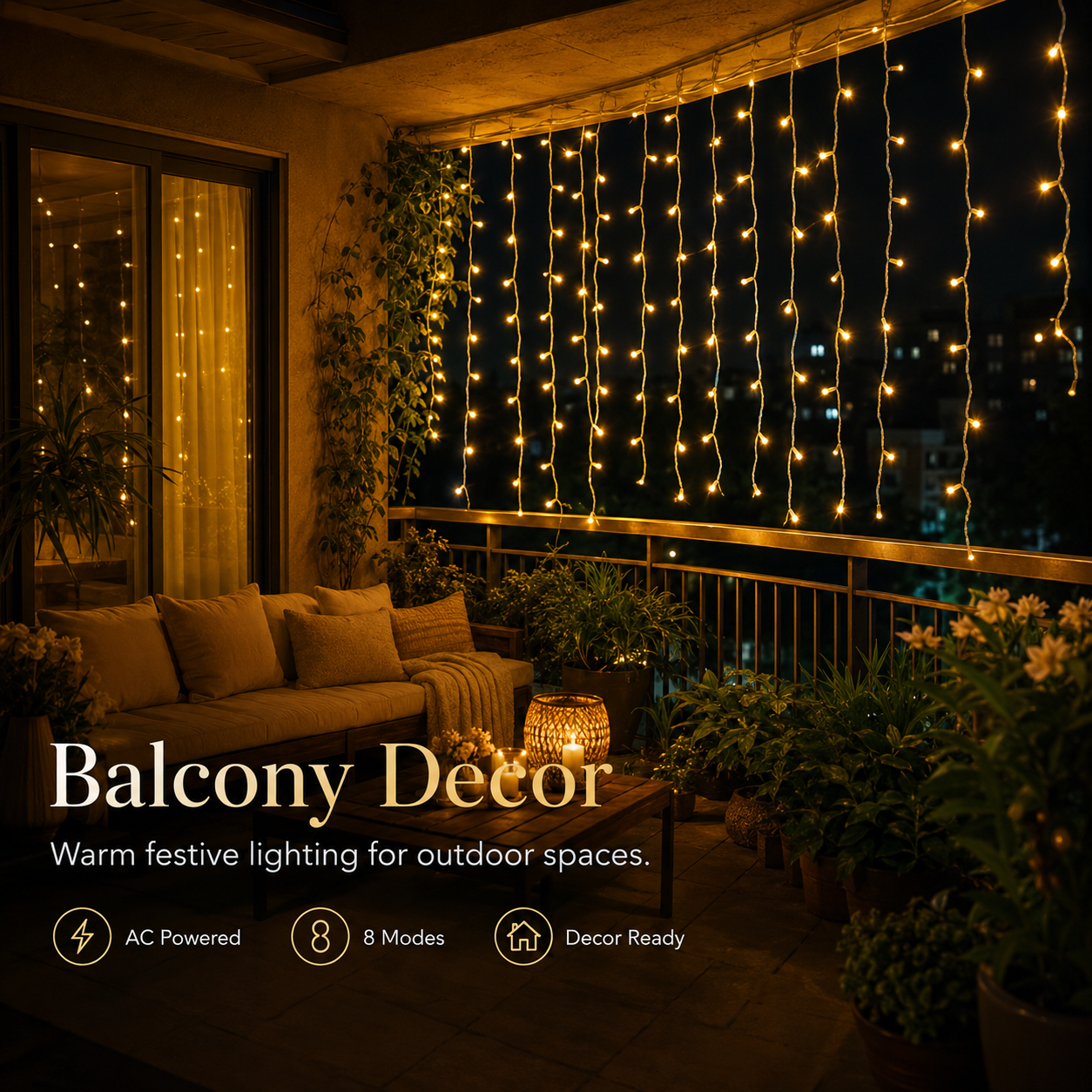 Warm Golden Waterfall Curtain LED String Lights  8-Mode AC Powered Decorative Curtain Lights