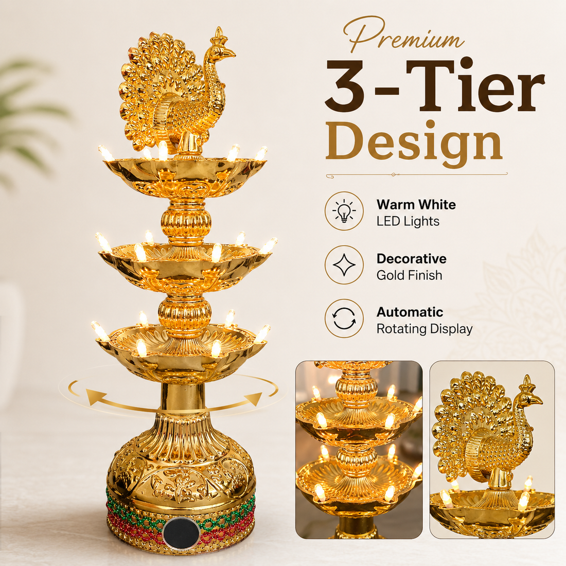 Automatic 360° Rotating Peacock 3-Tier LED Electric Diya