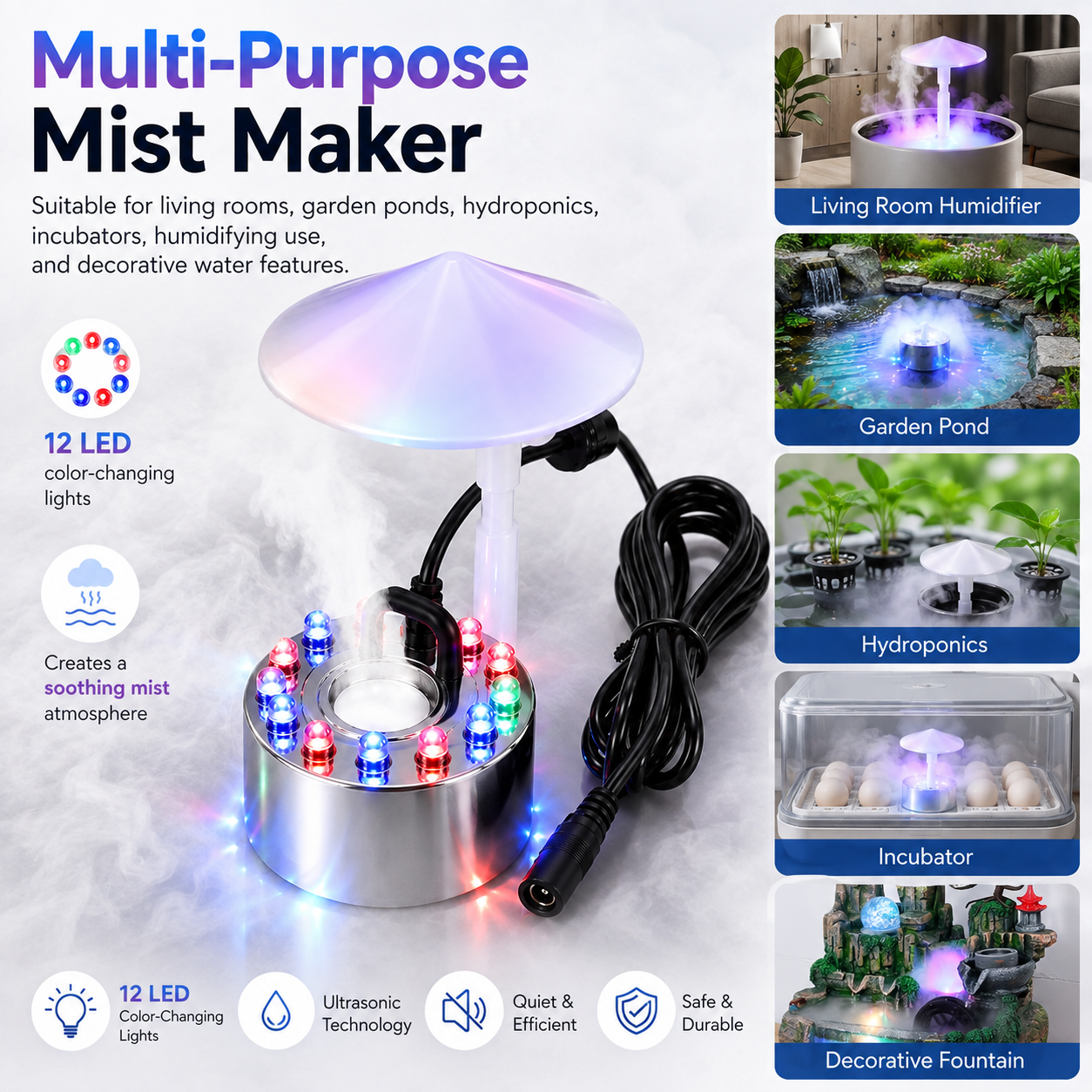 12 LED Ultrasonic Atmizng Humidifire with Multicolor Light