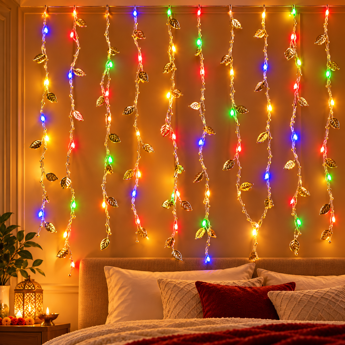 2.5*10 Multicolor LED Golden Leaf Curtain Lights – Decorative Hanging Fairy Lights
