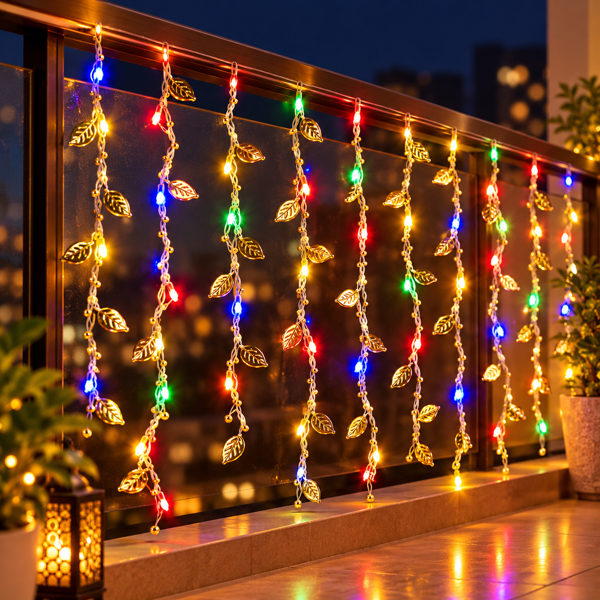 2.5*10 Multicolor LED Golden Leaf Curtain Lights – Decorative Hanging Fairy Lights