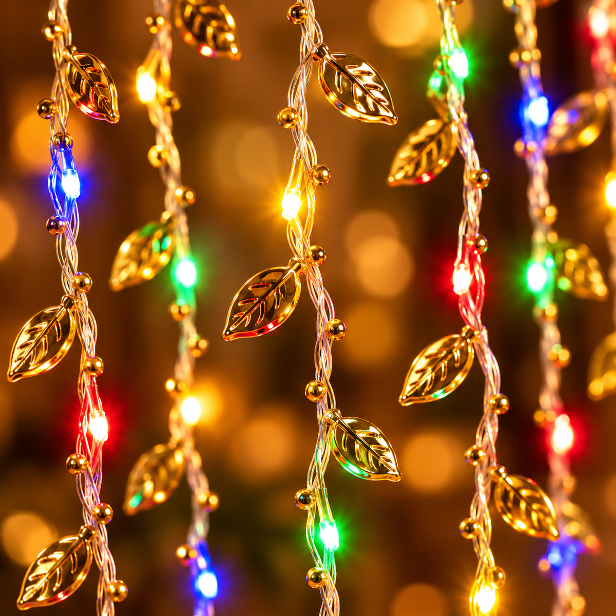 2.5*10 Multicolor LED Golden Leaf Curtain Lights – Decorative Hanging Fairy Lights