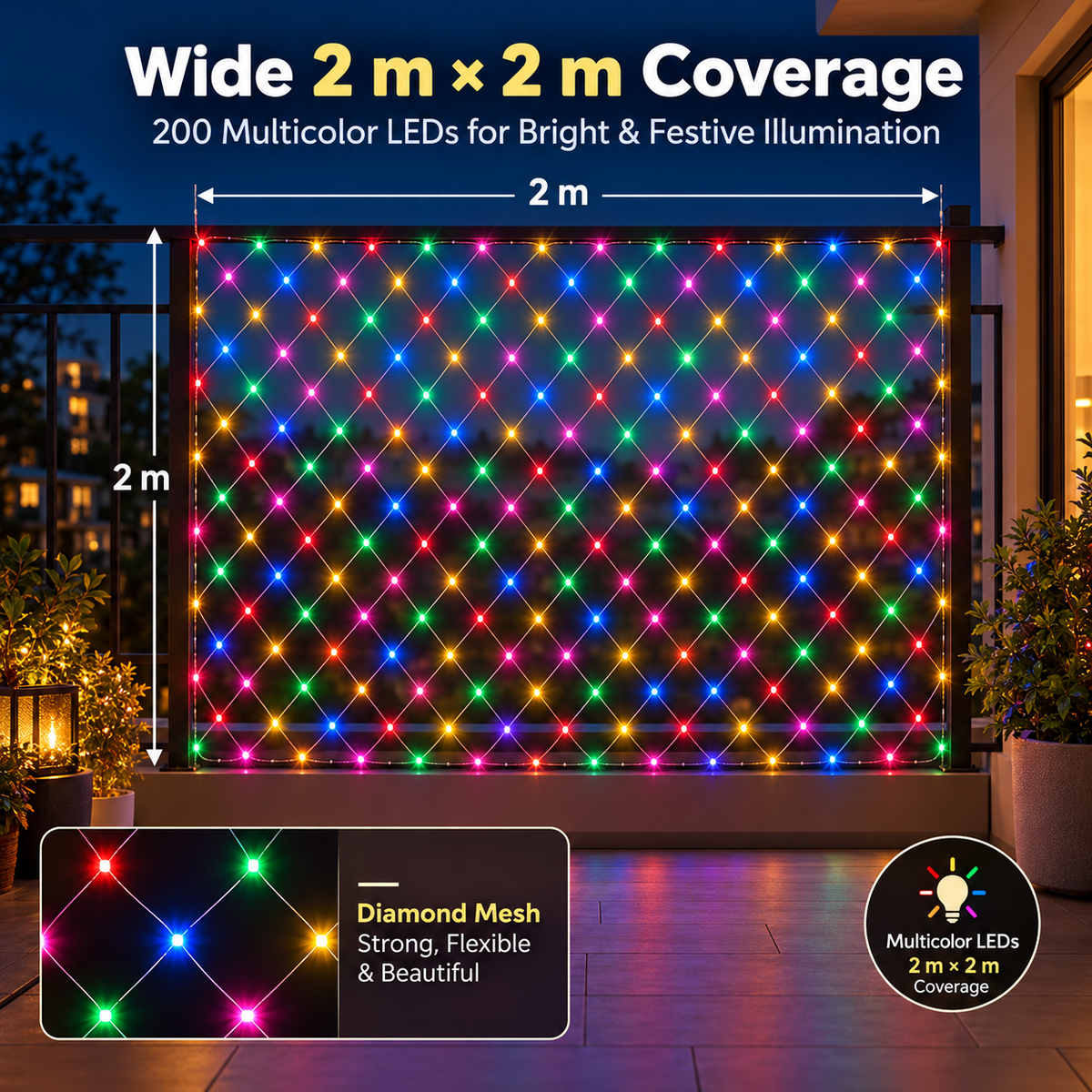 2*2 Multicolor LED Net Fairy Lights – Decorative Mesh String Lights