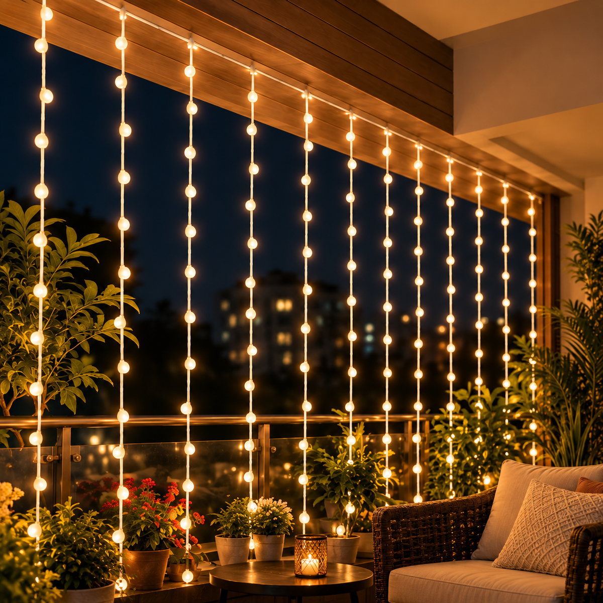Golden Curtain Dome Glow – Warm White LED Curtain String Lights for Home, Balcony & Festive Decoration