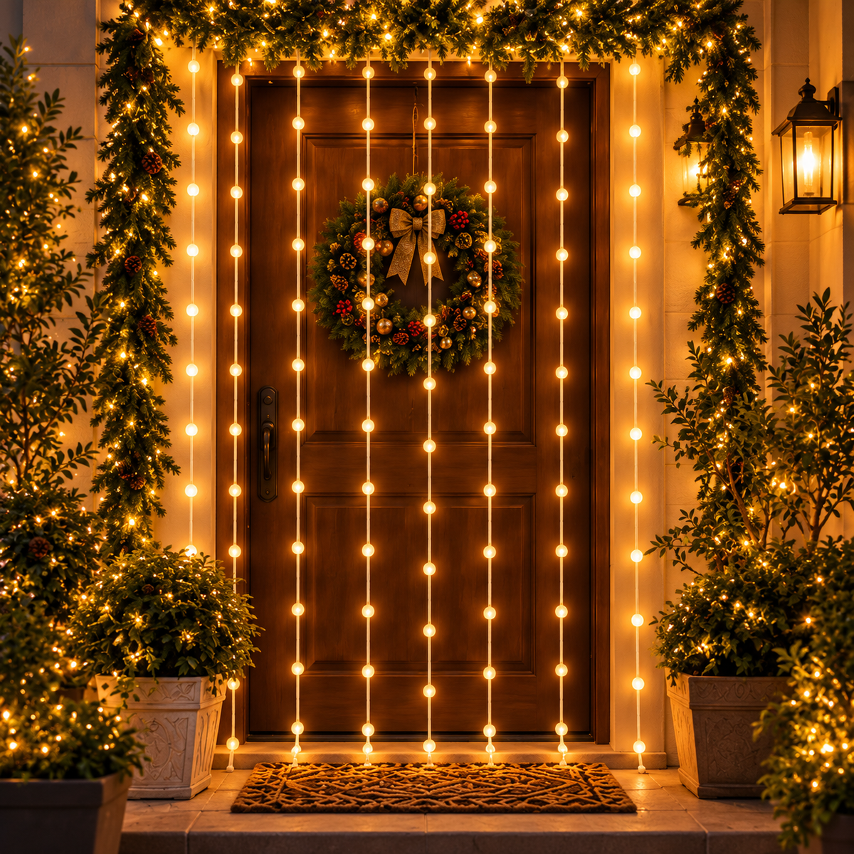 Golden Curtain Dome Glow – Warm White LED Curtain String Lights for Home, Balcony & Festive Decoration