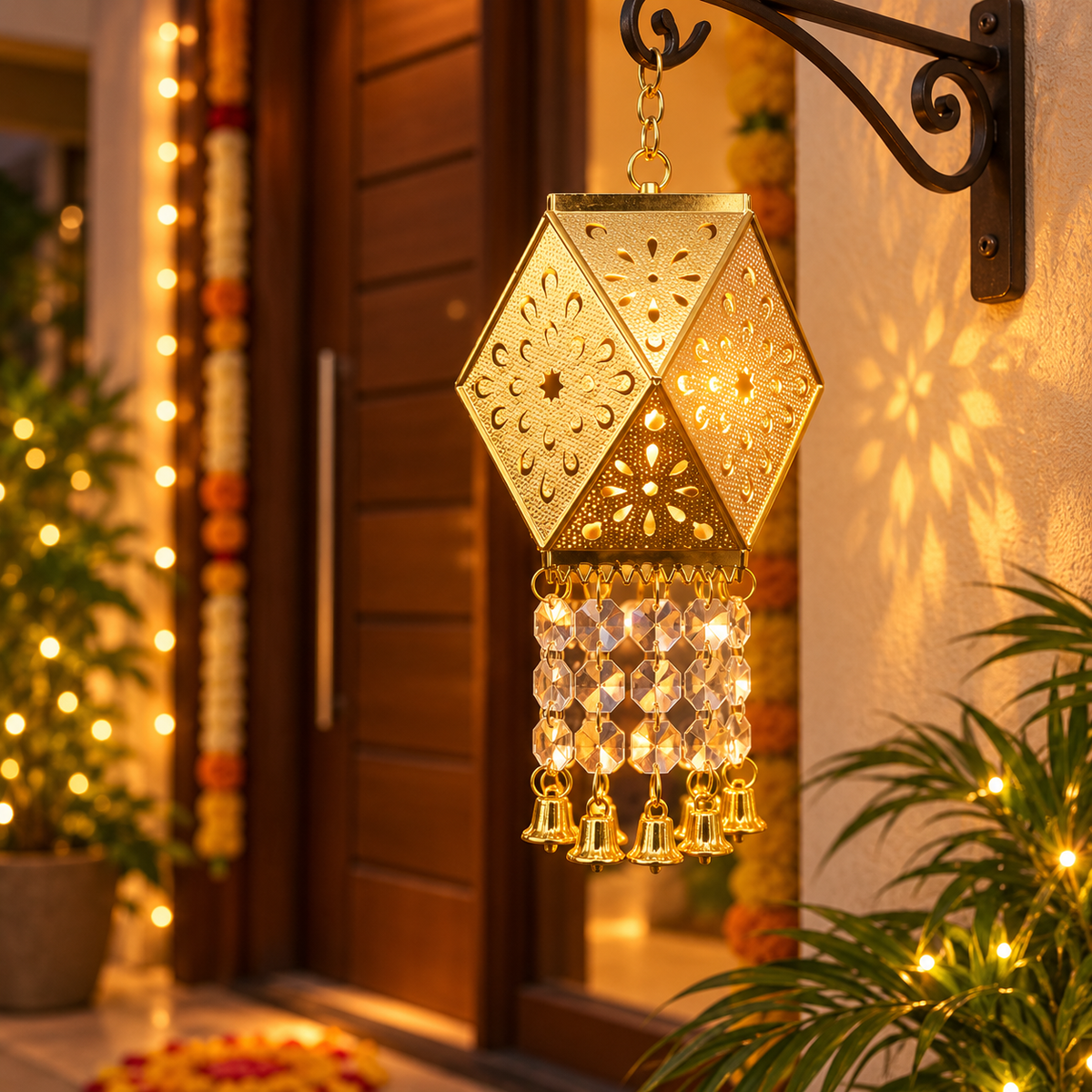 Golden Glow Hanging Lantern – Floral Shadow LED Light