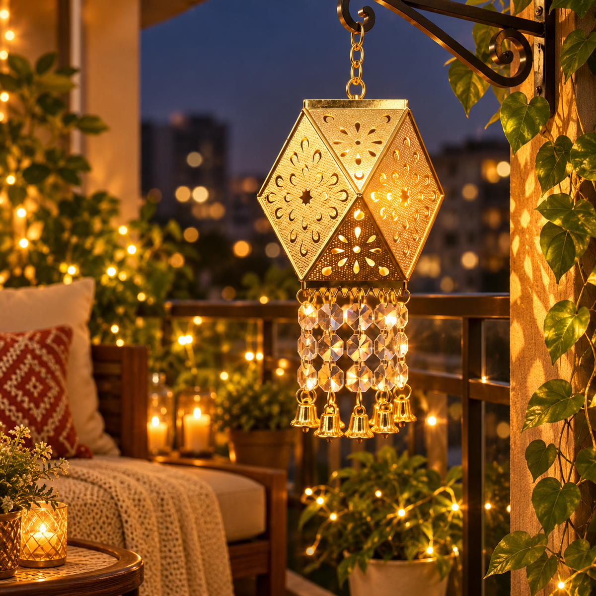 Golden Glow Hanging Lantern – Floral Shadow LED Light