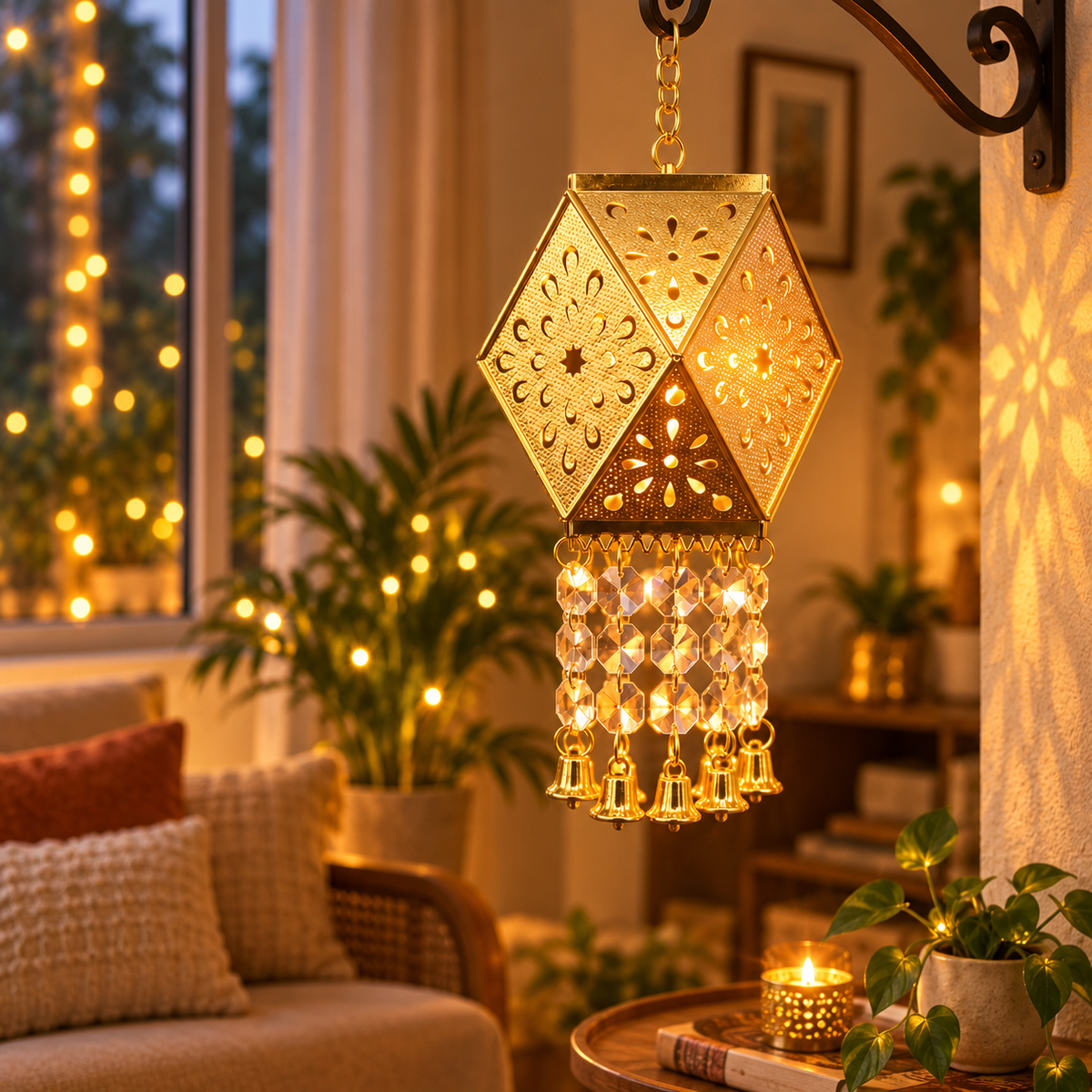 Golden Glow Hanging Lantern – Floral Shadow LED Light