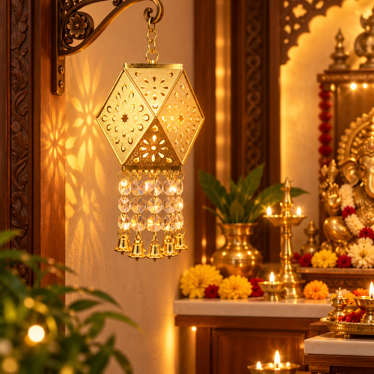 Golden Glow Hanging Lantern – Floral Shadow LED Light