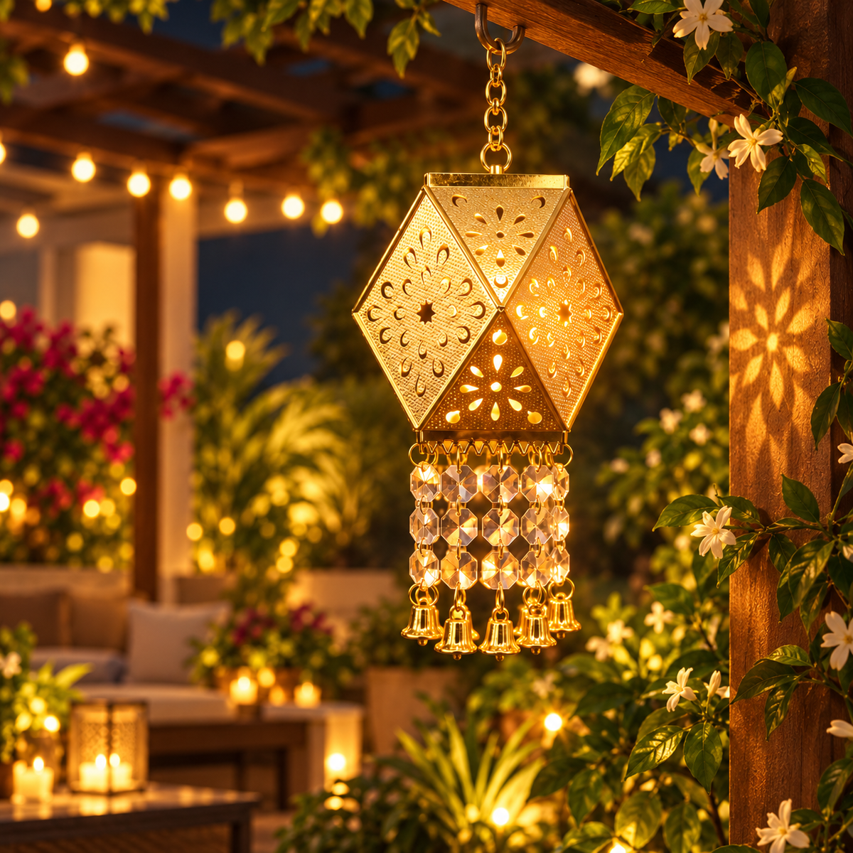 Golden Glow Hanging Lantern – Floral Shadow LED Light