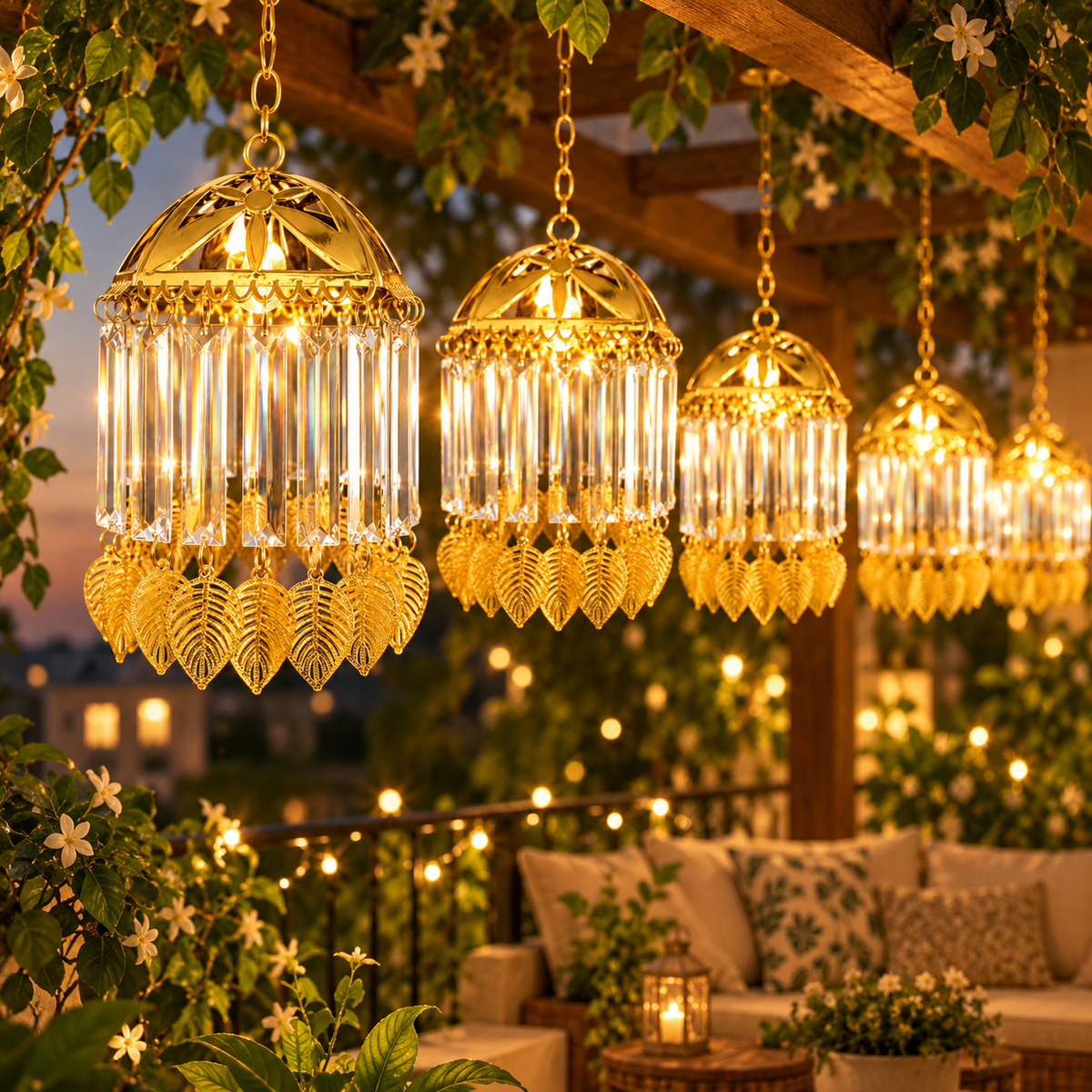 Golden Hanging LED Chandelier – Sparkling Crystal Drop Light with Elegant Golden Leaf Charms for Luxury Home & Festive Decor