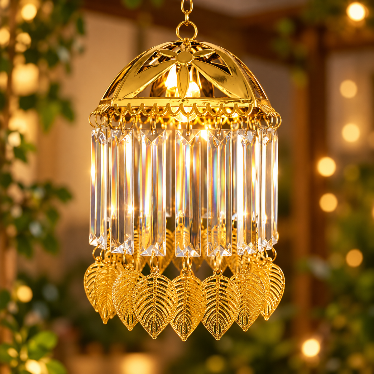 Golden Hanging LED Chandelier – Sparkling Crystal Drop Light with Elegant Golden Leaf Charms for Luxury Home & Festive Decor