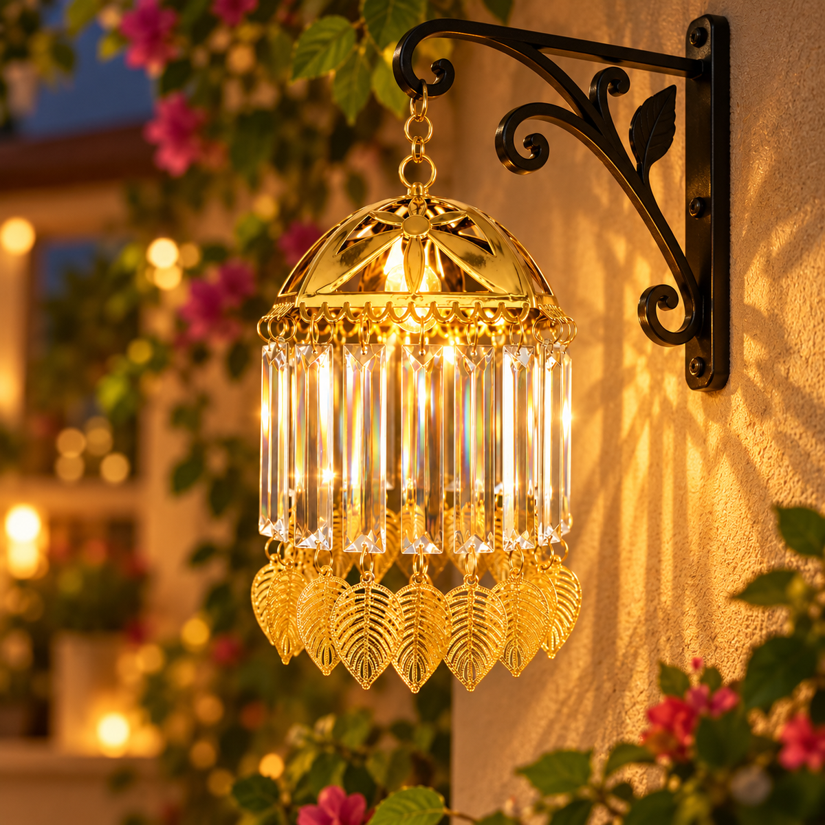 Golden Hanging LED Chandelier – Sparkling Crystal Drop Light with Elegant Golden Leaf Charms for Luxury Home & Festive Decor