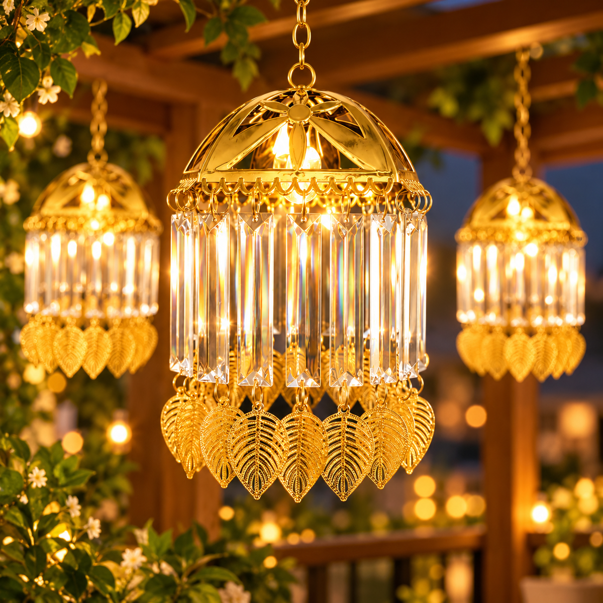 Golden Hanging LED Chandelier – Sparkling Crystal Drop Light with Elegant Golden Leaf Charms for Luxury Home & Festive Decor