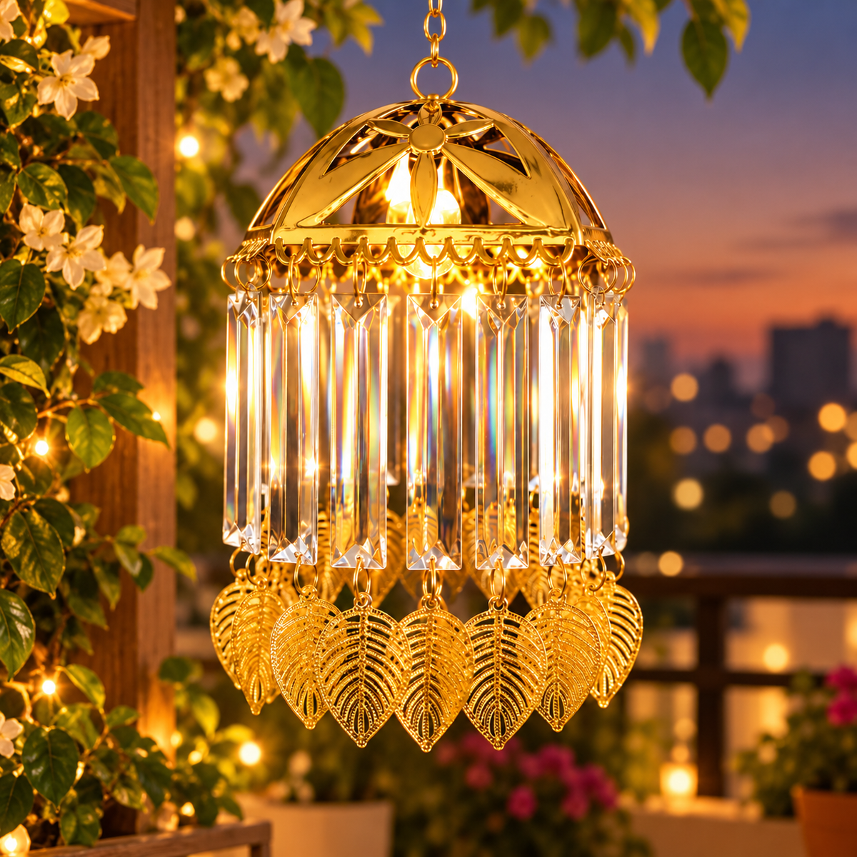 Golden Hanging LED Chandelier – Sparkling Crystal Drop Light with Elegant Golden Leaf Charms for Luxury Home & Festive Decor