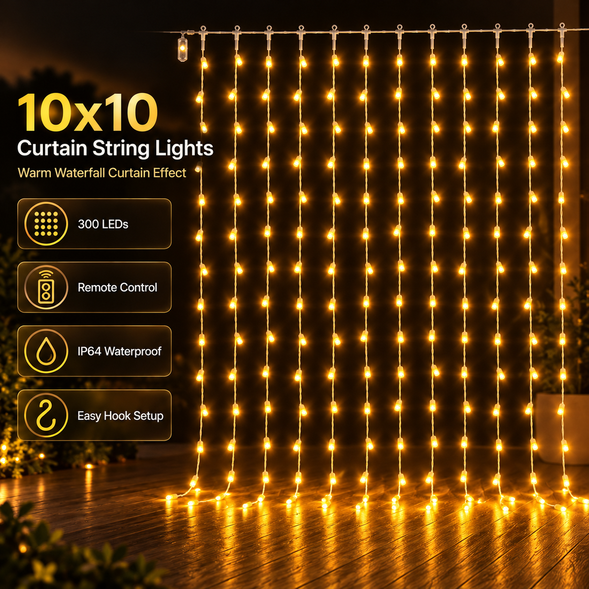 Golden Cascade 10x10 LED Waterfall Curtain Lights – 300 Warm White LEDs with Remote for Festive Decor
