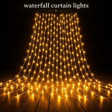 Golden Cascade 10x10 LED Waterfall Curtain Lights – 300 Warm White LEDs with Remote for Festive Decor