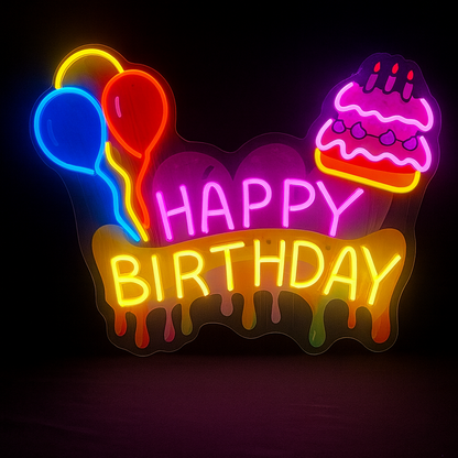 Happy Birthday Neon LED Sign Multicolor Balloons