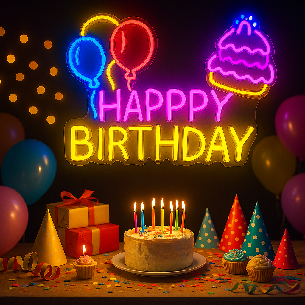 Happy Birthday Neon LED Sign Multicolor Balloons