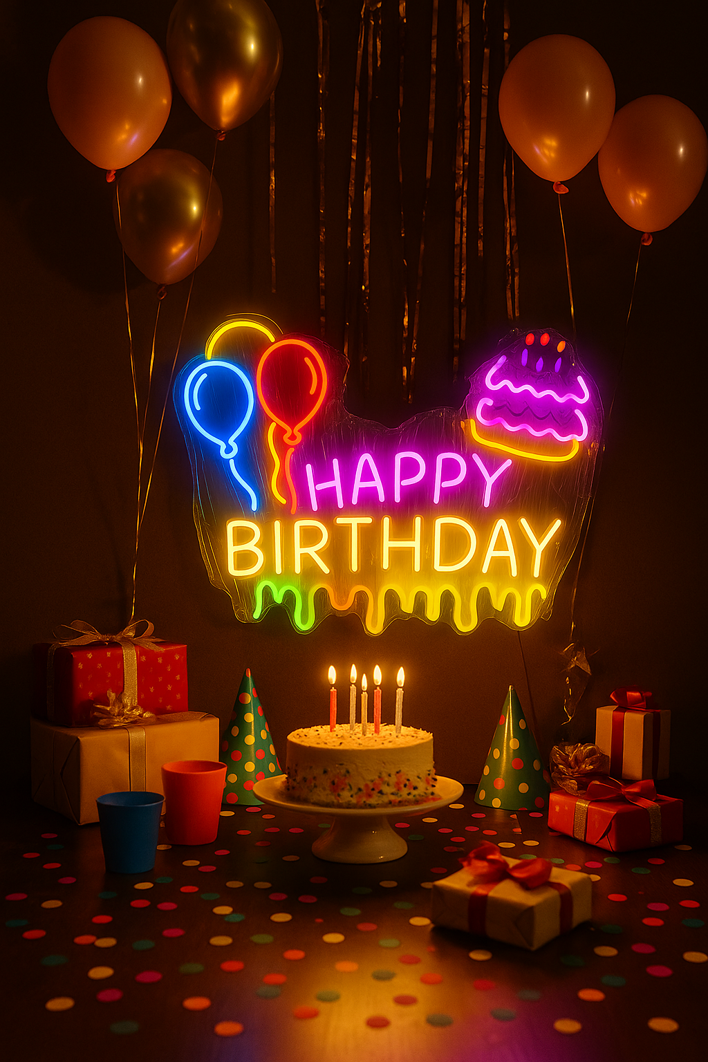Happy Birthday Neon LED Sign Multicolor Balloons
