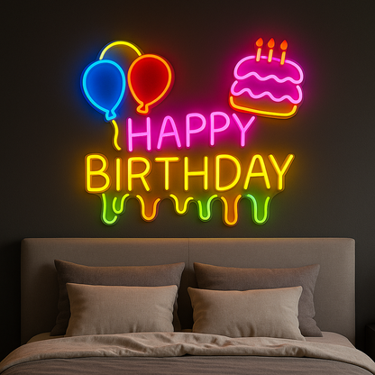 Happy Birthday Neon LED Sign Multicolor Balloons