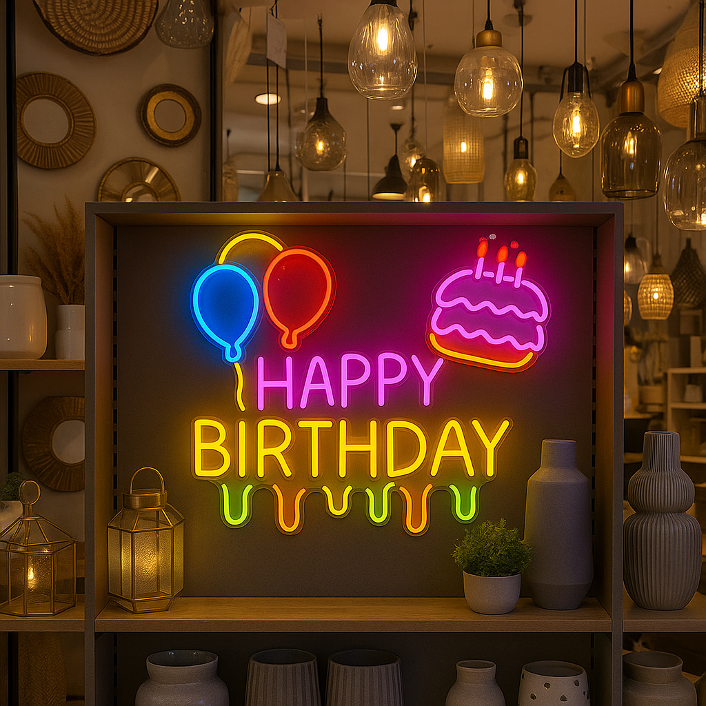 Happy Birthday Neon LED Sign Multicolor Balloons