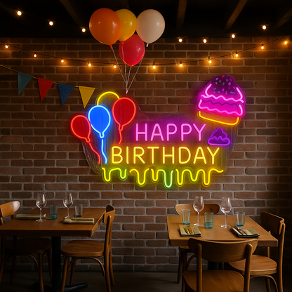 Happy Birthday Neon LED Sign Multicolor Balloons