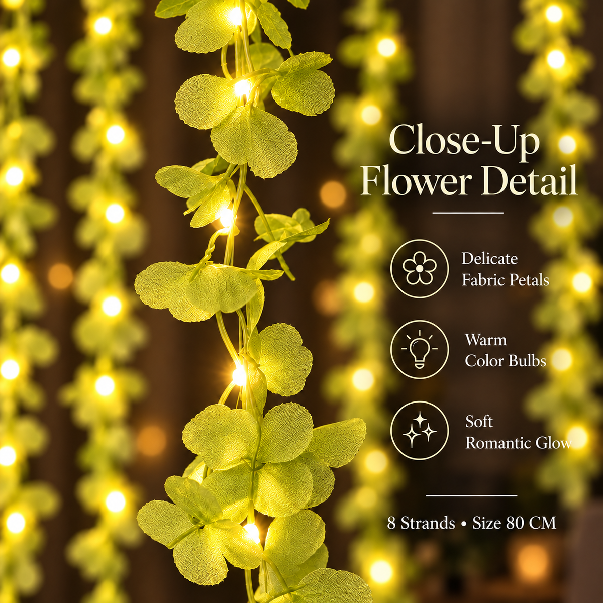 200 Bulb 8-Strand Flower Curtain Lights | 10×3 Ft Decorative LED Lights for Diwali, Wedding, Home, Wall & Window Décor