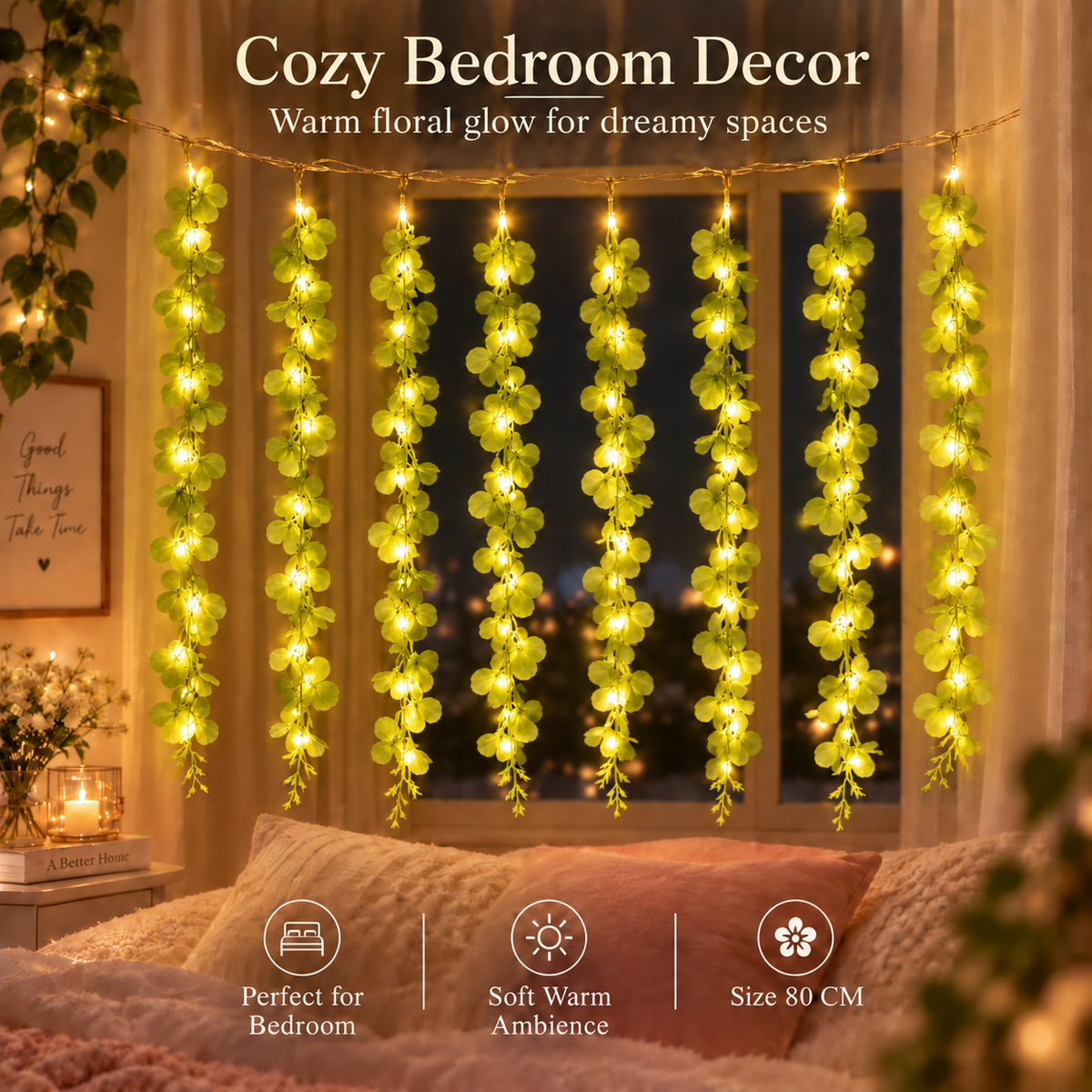 200 Bulb 8-Strand Flower Curtain Lights | 10×3 Ft Decorative LED Lights for Diwali, Wedding, Home, Wall & Window Décor