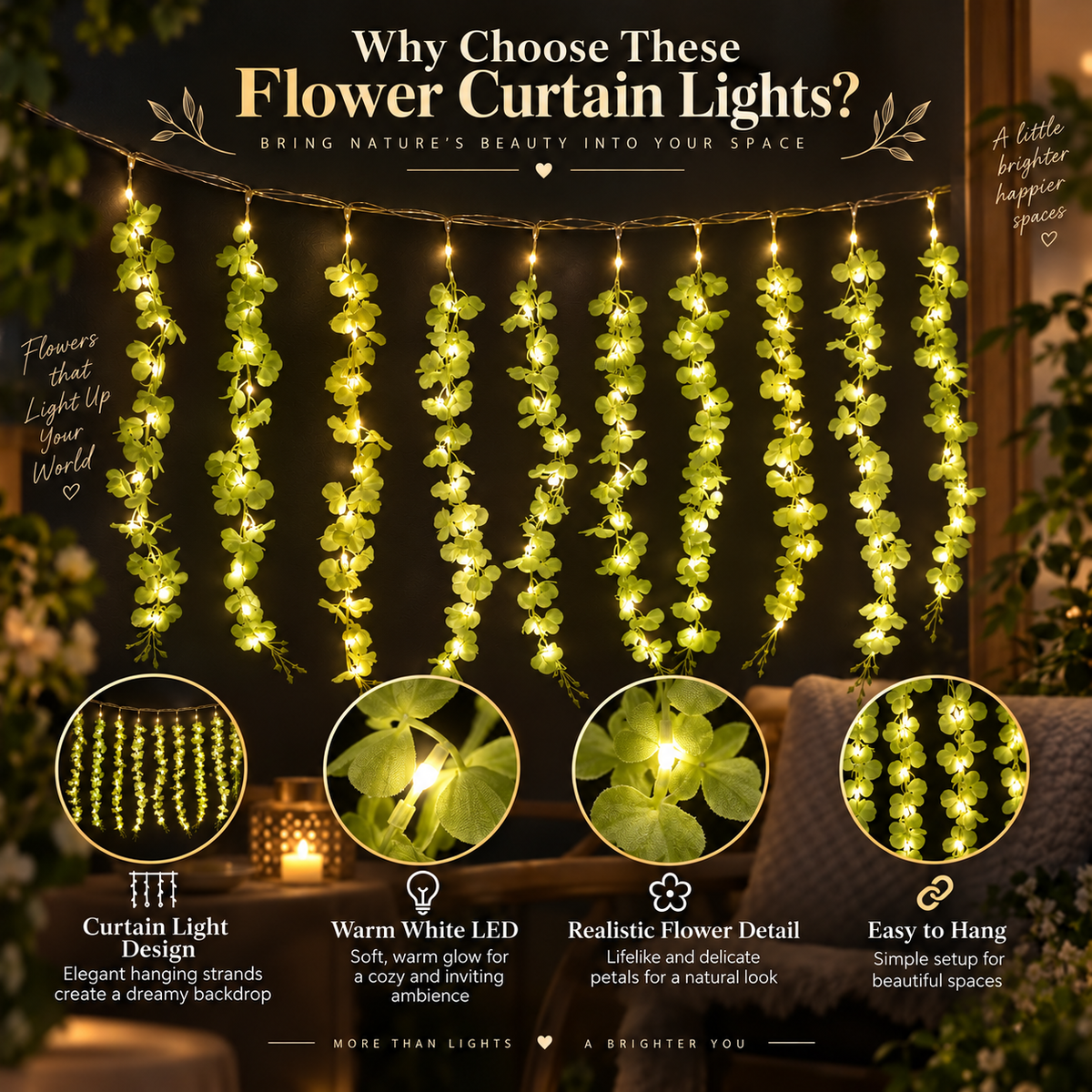 200 Bulb 8-Strand Flower Curtain Lights | 10×3 Ft Decorative LED Lights for Diwali, Wedding, Home, Wall & Window Décor