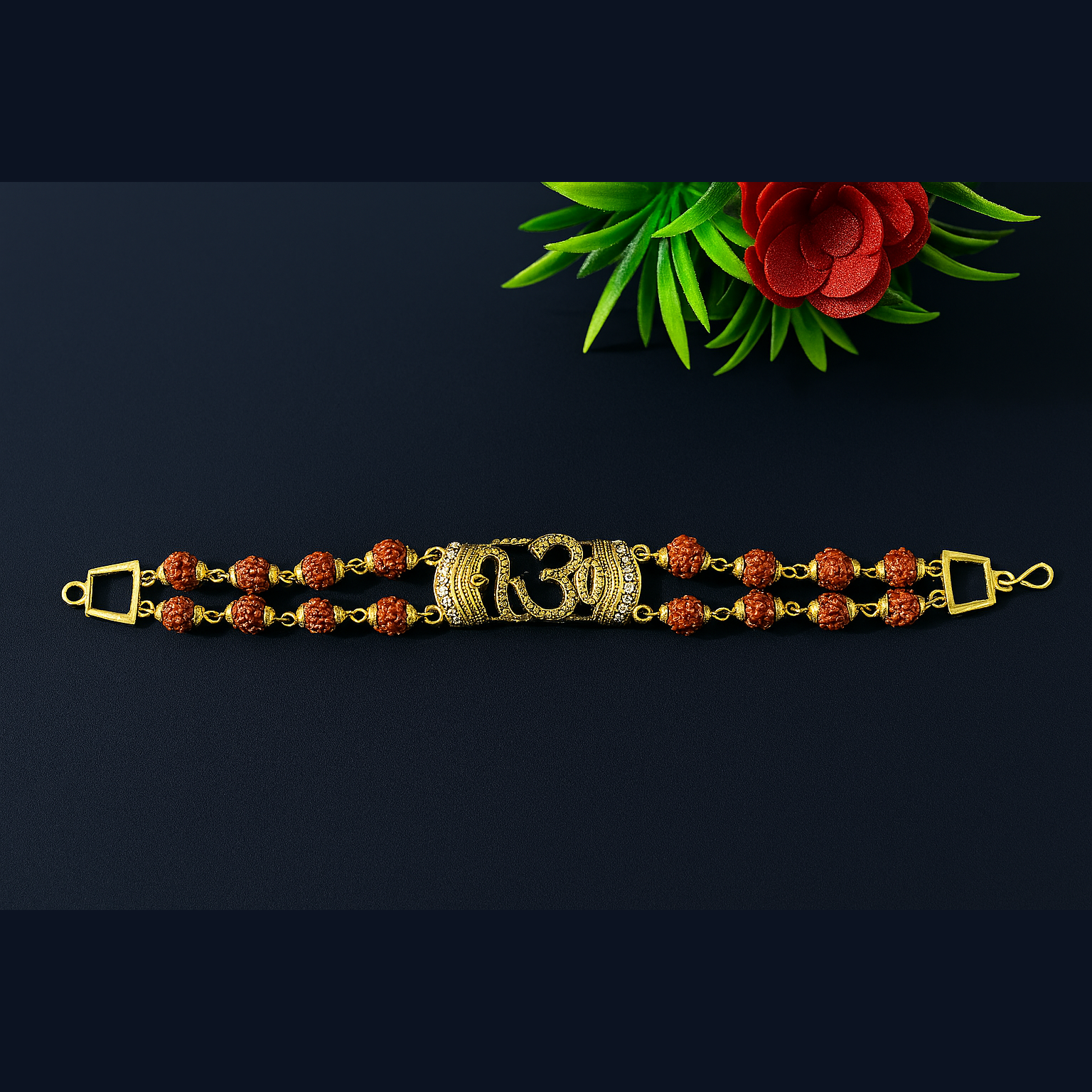Golden Om Rakhi – Stylish Rudraksha Beaded Rakhi for Bhai