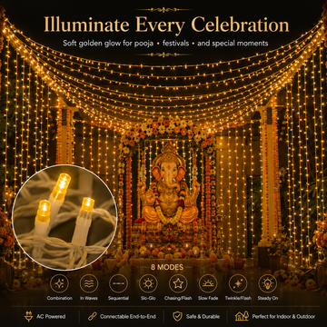 Warm Golden Waterfall Curtain LED String Lights  8-Mode AC Powered Decorative Curtain Lights