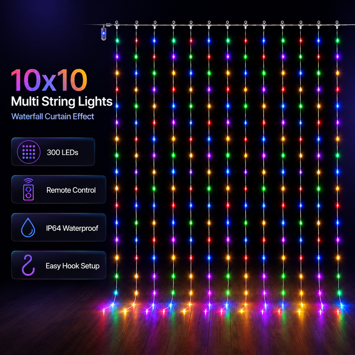 10x10 Multi String Lights Waterfall Effect