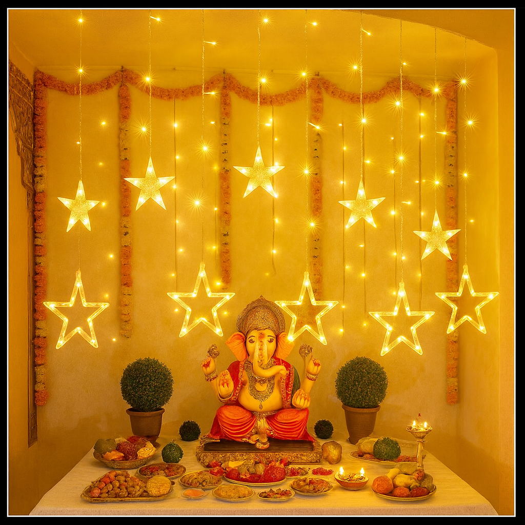 Diwali Delight: Warm White Star Curtain LED Lights (2.5m, 138LED, 6+6 Star) with 8 Flashing Modes - Perfect Decoration for Christmas, Weddings & Parties