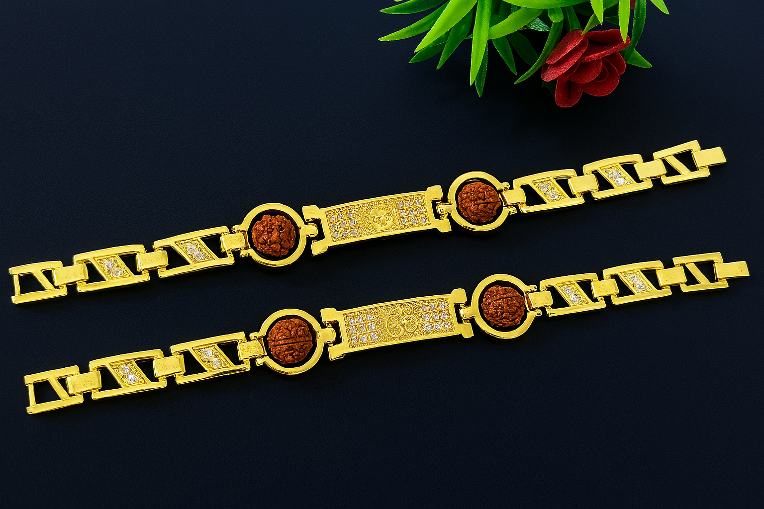 Golden Om Rakhi – Sparkling Bracelet with Rudraksha Charms