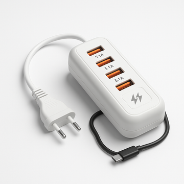 5.1A Rack Charger | 4 USB Ports + Type-C Output | Fast Charging Extension Power Adapter for Home & Office