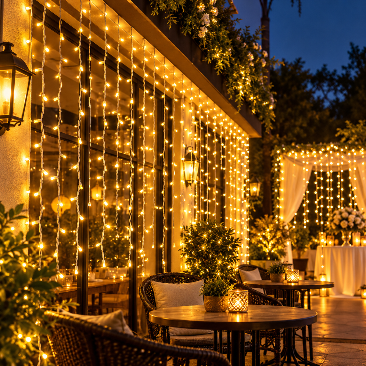 Golden Cascade 10x10 LED Waterfall Curtain Lights – 300 Warm White LEDs with Remote for Festive Decor